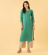 Teal Green Embroidered Casual Kurta
