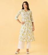 White And Green Floral Printed Kurta