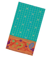 Turquoise Handloom Paithani Silk Saree With Checks & Contrast Meena Border-PA1106