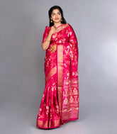 Peach Woven Synthetic Dola Saree With Printed Floral Motifs
