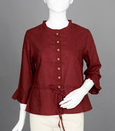Maroon Ruffled-Neck Top with Waist Tie-RB5238