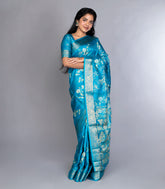 Sky Blue Woven Synthetic Dola Saree With Printed Floral Motifs