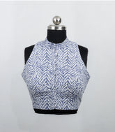 Light Blue Printed High Neck Ready Made Sleeveless Blouse With Collar Type-RB5182