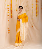 Yellow Handloom Korvai Silk Cotton Saree With Checks & Contrast Border-SC3881