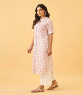 White linen Kurta With Pink Floral Print