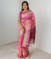 Baby Pink Woven Art Tussar Silk Saree With Printed Floral Motifs-BL3919