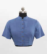 Light Blue Chinese Collar Cotton Blouse With Full Front Button-RB5224