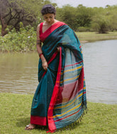 Teal Handloom Bengal Cotton Saree With Contrast Border-BG1867