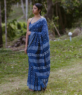 Indigo Printed Jaipur Cotton Saree With Jaal Motifs-JC1574