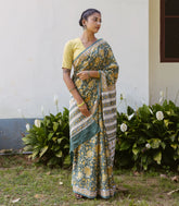Green Printed Jaipur Cotton Saree With Floral Motifs-JC1575
