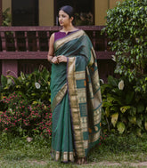 Bottle Green Handloom Kanchi Cotton Saree With Kamalam Buttas-KC1605