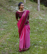 BubbleGum Pink Handloom Kanchi Cotton Saree With Stripes & Contrast Border-KC1754