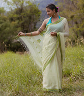 Light Green Handloom Bengal Cotton Saree With Parrot Buttas-BG1698