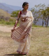 Cream Handloom Kanchi Cotton Saree With Diamond Buttas-KC1653