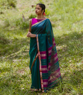 Teal Handloom Maheswari Silk Cotton Saree With Contrast Border-SC4116
