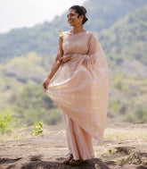 Light Peach Handloom Kanchi Cotton Saree With Checks-KC1764