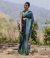 Blue Handloom Silk Cotton Saree With Checks & Buttas-SC4105
