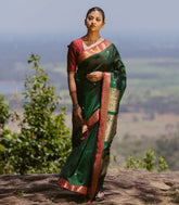 Dark Green Handloom Silk Cotton Saree With Annam Buttas-SC4073
