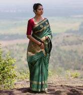 Dark Green Handloom Kanchi Cotton Saree With Buttas & Zari Border-KC1766