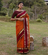 Rust Handloom Silk Cotton Saree With Checks & Contrast Border-SC4112