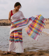 White Woven Bengal Cotton Saree With Multi Colour Checks-BG1871