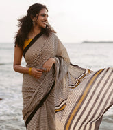 Off White Printed Jaipur Cotton Saree With Black Stripes-JC1572