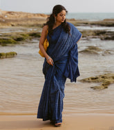 Indigo Printed Jaipur Cotton Saree With Floral Motifs-JC1573
