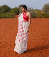 Off White Handloom Bengal Cotton Saree With Checks & Buttas-BG1662