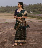 Bottle Green Handloom Silk Cotton Saree With Zari Stripes-SC4109