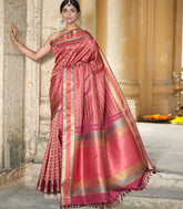 Crimson Handloom Kanchipuram Natural Dyed Silk Saree with Meena Zari Checks