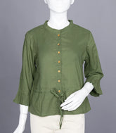 Olive Green Ruffled-Neck Top with Waist Tie-RB5235