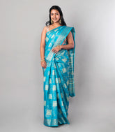 Sky Blue Woven Dola Synthetic Saree With Floral Motifs