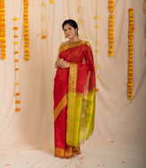 Red Handloom Silk Cotton Saree With Buttas & Contrast Pallu-SC3886