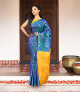 Blue Handloom Soft Silk Saree With Checks & Buttas-SO4060