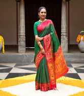 Bottle Green Handloom Soft Silk Saree With Floral Buttas & Peach Border-SO4058