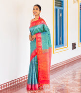 Cyan Handloom Soft Silk Saree With Floral Jaal Motifs & Peach Border-SO4057
