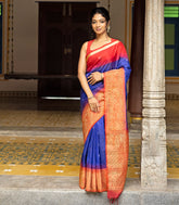 Dark Blue Handloom Soft Silk Saree With Mango Buttas & Red Border-SO4056