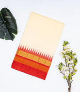 Cream Handloom Ikat Silk Saree With Contrast Red Border