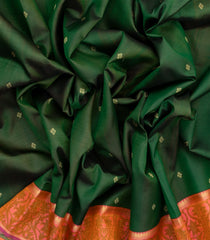 Dark Green & Sunset Orange Sashiko Reversible Handloom Silk Saree Japanese Inspired Border & Pallu-KA12637