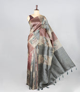 Grey Woven Synthetic Dola Silk Saree With Woven & Printed Floral Motifs