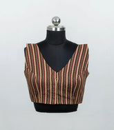 Maroon Printed V Neck Ready Made Blouse With High Back Neck & Attachable Sleeve-RB5177