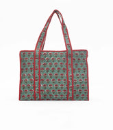 Green Bagru Printed Handmade Cotton Quilted Tote Bag With Zipper-ACS1046