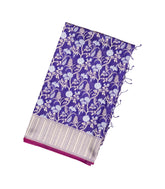 Blue Handloom Organza Satin Soft Silk Saree With Floral Vine Motifs-SO4079