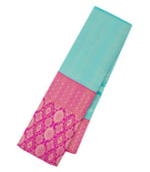 Turquoise Handloom Korvai Kanchipuram Silk Saree With Stripes & Contrast Border-KA13621