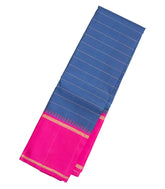 Blue Handloom Korvai Kanchipuram Silk Saree With Checks & Temple Border-KA13299