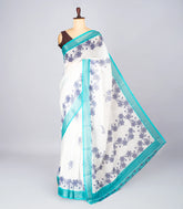 White Woven Art Linen Saree With Printed Floral Motifs & Cyan Border-BL4633