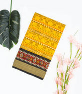 Yellow Handloom Ikat Silk Saree With Contrast Black Border