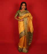 Yellow Woven Art Tussar Silk Saree With Printed Animal Motifs-BL3927