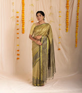 Dark Beige Handloom Silk Cotton Saree With Checks & Contrast Border-SC3885