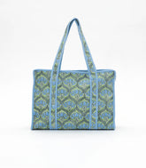 Green Bagru Printed Handmade Cotton Quilted Tote Bag With Zipper-ACS1042